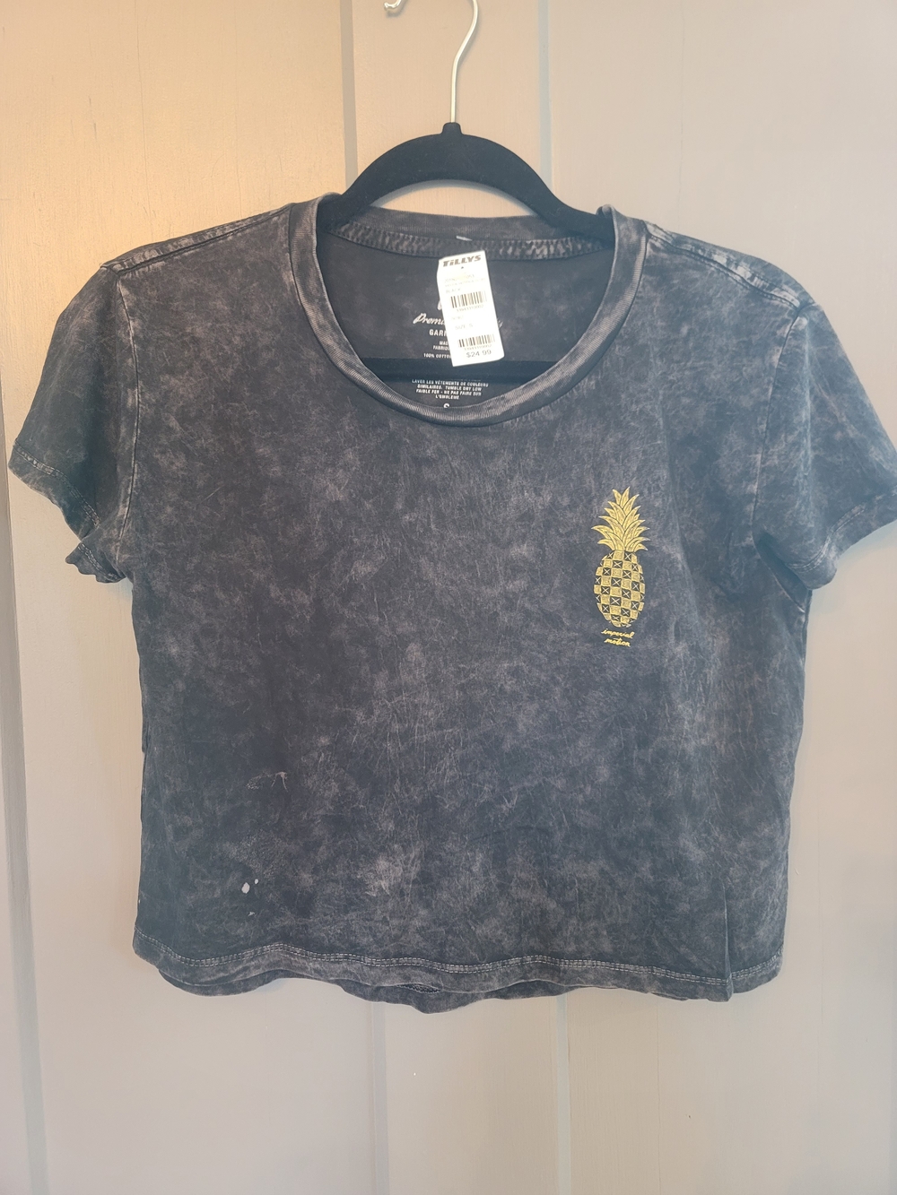 Tilly's Imperial Motion Black Washed Cropped Tee with Yellow Pineapple